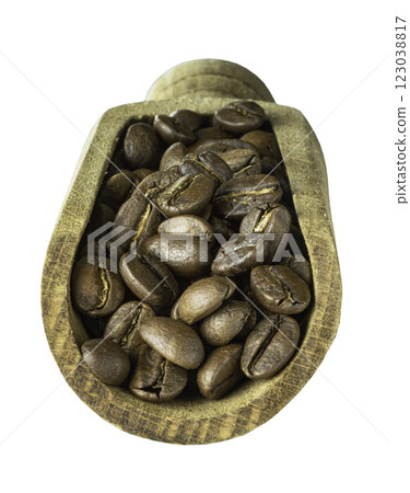 Roasted coffee beans on a rich textured surface in Wooden coffee scoop isolated on White background with clipping path. 123038817