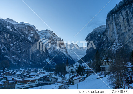 Lauterbrunnen Valley and Snowy Mountains in Winter Morning. Switzerland 123038873
