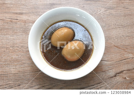 boiled egg stew in Chinese herb brown pork bone soup on bowl boiled egg stew in Chinese herb brown pork bone soup on bowl 123038984