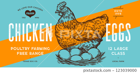 Chicken, hen with nest, eggs. Sketch artwork silhouette chicken with nest, eggs. Label, tag, chicken nest, eggs sketch ink pencil style drawing, engrave old school style. Vector Illustration Chicken, hen with nest, eggs. Sketch artwork silhouette chicken with nest, eggs. Label, tag, chicken nest, eggs sketch ink pencil style drawing, engrave old school style. Vector Illustration 123039000
