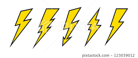 Lightning, flash, thunderbolt. Energy flash icon set, thunderbolt lightning symbol. Graphic set of simple lightning, flash, thunderbolt, abstract shape, design elements. Vector Illustration 123039012