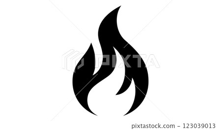 Fire, flame, bonfire. Flame fire icon, abstract style on white background. Flat burn fire symbol, bonfire sign, flame campfire emoji. Camping fireball minimal graphic style. Vector Illustration 123039013