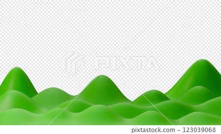 3D green field with hills and mountains. Minimal summer landscape background. Vector illustration in 3D realistic style 3D green field with hills and mountains. Minimal summer landscape background. Vector illustration in 3D realistic style 123039068
