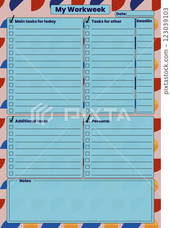 A colorful vertical weekly task work planner with sections for main tasks, additional tasks, personal tasks, deadline, and notes on a abstract geometric background in retro Memphis style. A colorful vertical weekly task work planner with sections for main tasks, additional tasks, personal tasks, deadline, and notes on a abstract geometric background in retro Memphis style. 123039103