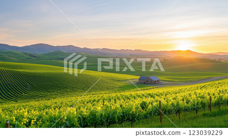 Scenic vineyard landscape with rolling green hills and vibrant sunset 123039229