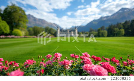 Vibrant garden with pink roses in foreground and castle surrounded by mountains 123039235