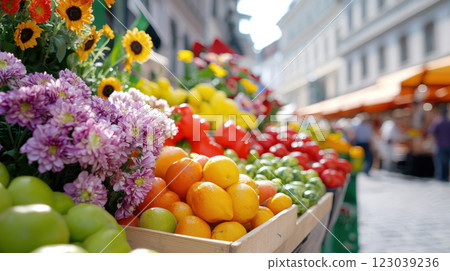 Vibrant outdoor market with fresh fruits, vegetables, and flowers on display 123039236