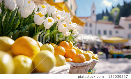 Fresh tulips and vibrant citrus fruits at sunny outdoor market 123039237