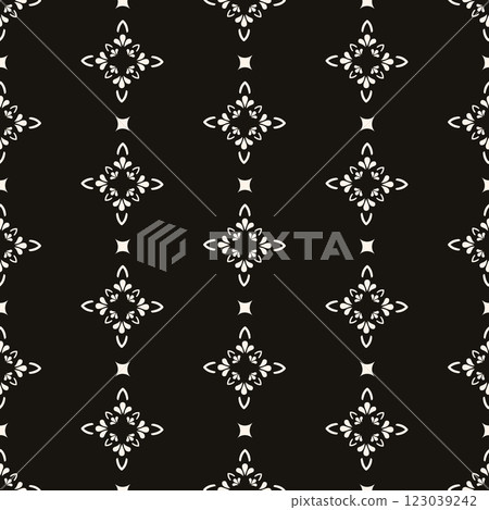 Simple minimalist geometric seamless pattern. Abstract monochrome minimal background with small floral shapes. Subtle repeat design for decor, print. 123039242