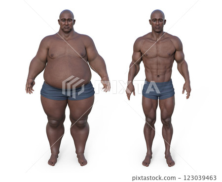 African man shown with both bodybuilder and overweight constitution, 3D illustration 123039463