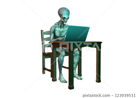 3D illustration of a humanoid alien working with a laptop 3D illustration of a humanoid alien working with a laptop 123039531