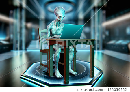3D illustration of a humanoid alien working with a laptop 3D illustration of a humanoid alien working with a laptop 123039532