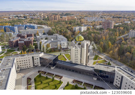 Aerial view of Novosibirsk State University among the Siberian forests in autumn 123039608