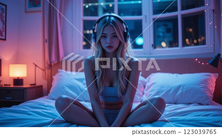 Relaxing at Home: Young Girl with Headphones in Cozy Room Relaxing at Home: Young Girl with Headphones in Cozy Room 123039765