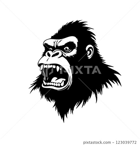 Vector of an angry gorilla head with an open mouth, showing sharp teeth. Perfect for logos, tattoos, and aggressive branding. Wildlife Animals. 123039772