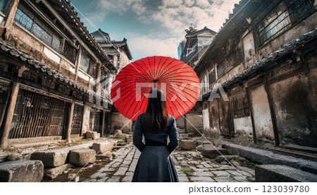 一棟古雅的亞洲建築內,一位撐著紅傘的女子在雨中 一棟古雅的亞洲建築內,一位撐著紅傘的女子在雨中 123039780