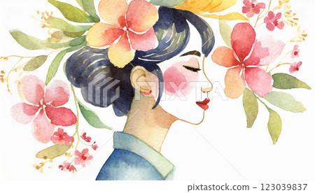 一位年輕美麗的女子拿著鮮花的水彩畫 123039837