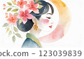 一位年輕美麗的女子拿著鮮花的水彩畫 123039839