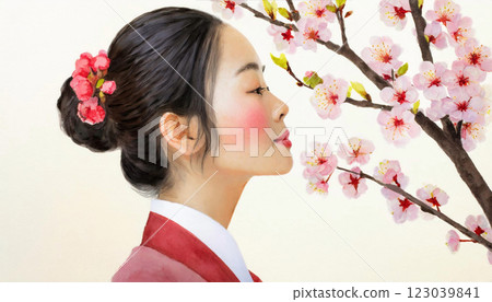 看著櫻花的美麗的年輕女人 123039841