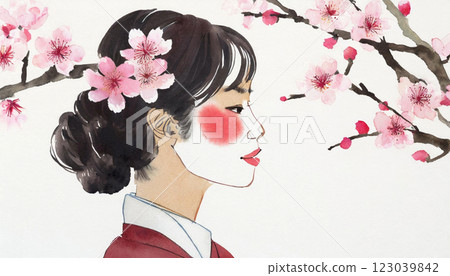 Beautiful young woman looking at cherry blossoms 123039842