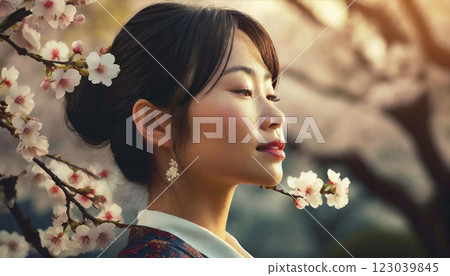 看著櫻花的美麗的年輕女人 123039845