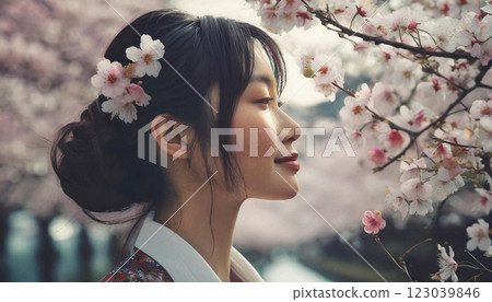 看著櫻花的美麗的年輕女人 123039846