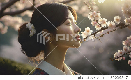 看著櫻花的美麗的年輕女人 123039847