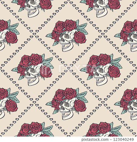 Seamless pattern with hand drawn human skulls in rose flowers wreath inside trellis 123040249