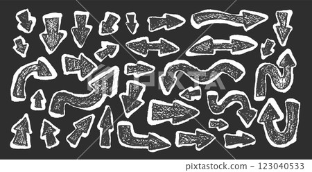 Arrow set pencil drawing sticker. Textured effect direction pointers. Black navigation. Path marks isolated on white background. Vector hand drawn illustration 123040533