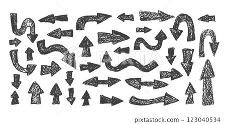 Arrow set pencil drawing. Chalk handwritten symbols. Pointers by pencil isolated. Vector freehand elements illustration 123040534