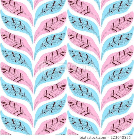 Banana leaves seamless pattern. Tiled tropical endless background. Palm tree foliage repeat cover. Jungle continuous ornament. Surface pattern design exotic motif. Vector hand drawn bg illustration. 123040535