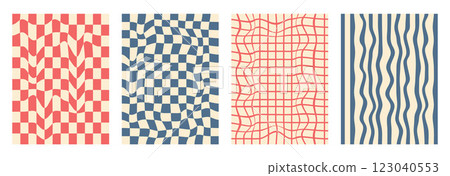 Groovy checkerboard pattern set. Psychedelic checker background pack. Trippy y2k retro vertical textures. Funky abstract poster design templates. Vector playful flat geometric wavy grid illustration Groovy checkerboard pattern set. Psychedelic checker background pack. Trippy y2k retro vertical textures. Funky abstract poster design templates. Vector playful flat geometric wavy grid illustration 123040553