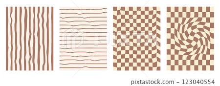Groovy checkerboard pattern set. Psychedelic checker background pack. Trippy brown y2k retro vertical textures. Funky abstract poster design templates. Vector playful flat geometric wavy grid Groovy checkerboard pattern set. Psychedelic checker background pack. Trippy brown y2k retro vertical textures. Funky abstract poster design templates. Vector playful flat geometric wavy grid 123040554