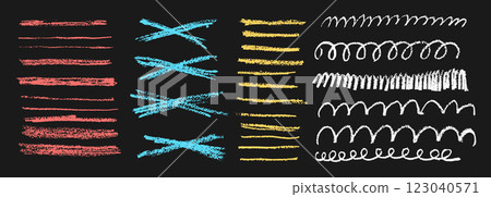 Crayon underline set. Pencil scribble lines pack. Chalk doodle rough strokes. Grunge decoration elements. Doodle emphasis shapes. Vector hand drawn collection illustration on dark background Crayon underline set. Pencil scribble lines pack. Chalk doodle rough strokes. Grunge decoration elements. Doodle emphasis shapes. Vector hand drawn collection illustration on dark background 123040571