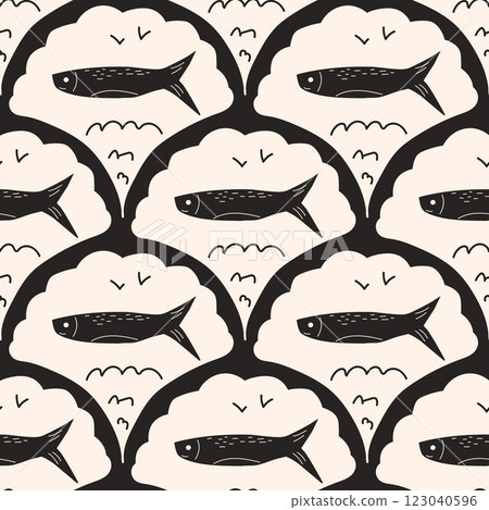 Fish scallop seamless pattern. Sardine stamp allover background. Anchovy repeat cover. Scandinavian stamp continuous ornament. Surface pattern design sea motif. Vector hand drawn illustration Fish scallop seamless pattern. Sardine stamp allover background. Anchovy repeat cover. Scandinavian stamp continuous ornament. Surface pattern design sea motif. Vector hand drawn illustration 123040596