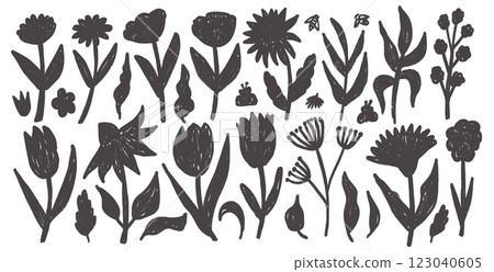 Hand drawn ink flowers and leaves set. Charcoal linocut poppy, tulip, daisy doodle monochrome. Spring floral kids wax chalk style shape. Vector black pencil illustration on white background. Hand drawn ink flowers and leaves set. Charcoal linocut poppy, tulip, daisy doodle monochrome. Spring floral kids wax chalk style shape. Vector black pencil illustration on white background. 123040605
