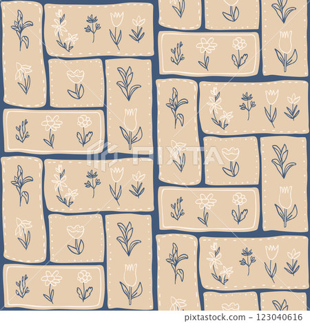 Flowers crayon drawn seamless pattern. Floral allover background. Line art stroke botany modular repeat backdrop. Surface pattern bento box design spring motif. Vector hand drawn illustration 123040616