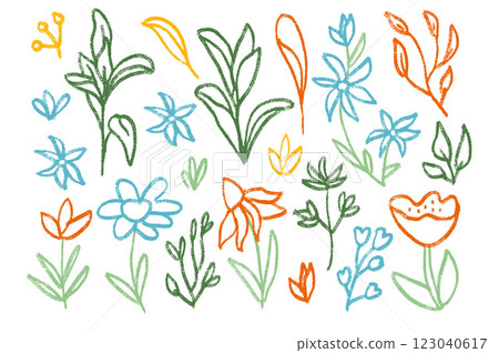 Flowers and leaves crayon drawn set. Spring tulip, daisy, chamomile and marguerite plants doodle. Summer floral kids floral shape. Vector pencil illustration isolated on white background. 123040617