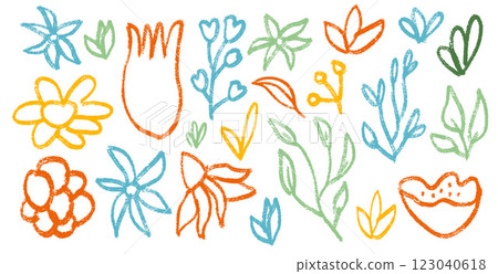 Flowers heads and leaves set. Spring tulip, daisy, chamomile and marguerite head plants doodle. Chalk or pastel style childish shape. Vector naive pencil illustration isolated on white background. 123040618