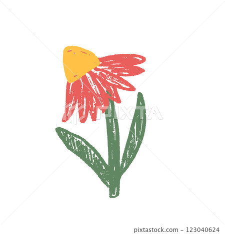 Echinacea flower crayon drawn. Spring plant doodle isolated on white background. Summer floral kids element. Chalk or pastel style childish scrawl wildflower shape. Vector naive illustration by pencil 123040624