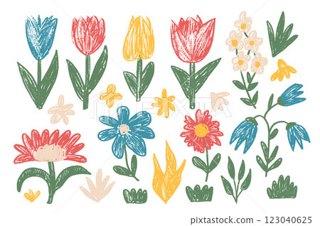 Vector Spring flowers crayon drawn set. Tulip, daisy, chamomile and marguerite plants doodle. Summer floral kids elements. Chalk style childish shape. Naive pencil illustration on white background. 123040625