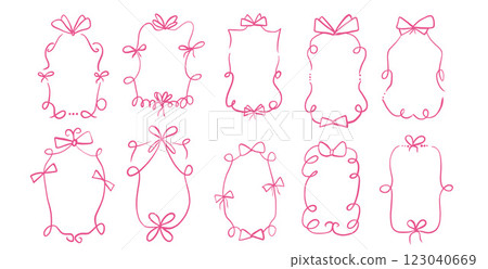 Doodle coquette frames with bows. Vintage line wavy border with ribbons set. Vector cute scribble curly rectangle and oval template foe holiday menu. Minimalistic cadre birthday hand drawn. 123040669