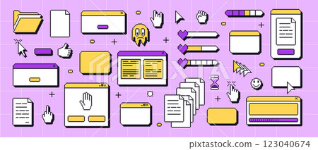 Pixel art retro windows interface. 8 bit browser and popup elements with pointers cursors, arrow and sparkles. Pixel screens in retro 90s style. Ui message borders figures. Vector set illustration Pixel art retro windows interface. 8 bit browser and popup elements with pointers cursors, arrow and sparkles. Pixel screens in retro 90s style. Ui message borders figures. Vector set illustration 123040674