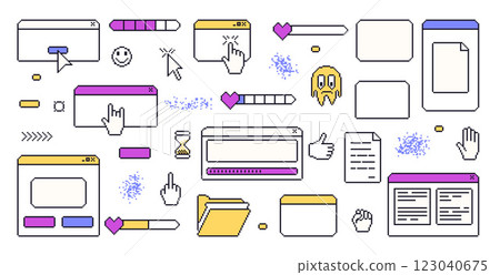 Pixel art retro windows interface. 8 bit text boxes with pointers cursors, arrow and sparkles. Rectangle frames and screens in retro 90s style. Digital message frames. Vector set illustration Pixel art retro windows interface. 8 bit text boxes with pointers cursors, arrow and sparkles. Rectangle frames and screens in retro 90s style. Digital message frames. Vector set illustration 123040675
