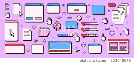 Retro windows interface in pixel art. 8 bit browser and popup elements with pointers cursors, arrow and sparkles. Pixel screens in retro 90s style. Ui message borders y2k figures. Vector illustration 123040676