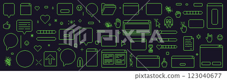Pixel art retro windows interface. 8 bit text boxes with pointers cursors, arrow and sparkles. Green stroke console pixel folder, digital document in retro 80s style. Vector line set illustration 123040677