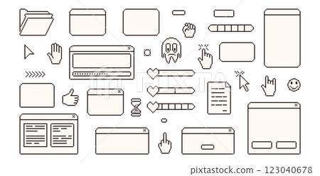Pixel art retro windows interface. 8 bit text boxes with pointers cursors, arrow and sparkles. Rectangle and round frames. in retro 90s style. Digital message borders. Vector set illustration 123040678