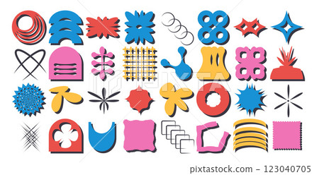Geometric shapes set. Neo brutalist figures pack. Retro y2k forms. Simple graphic distortion stickers. Vector flat refraction elements collection illustration isolated on white background 123040705