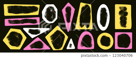 Kids paint geometric shapes with empty space set. Text boxes paint spray textured frames. Rounded and square figures. Vector hand drawn quotation stickers shapes. Graffiti grunge geometry callout 123040706