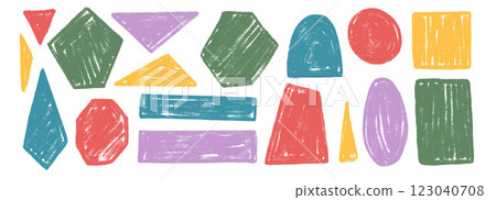 Kids geometric shapes set. Text boxes textured frames. Rounded and square childish figures. Vector hand drawn quotation stickers shapes. grunge geometry callout design. 123040708